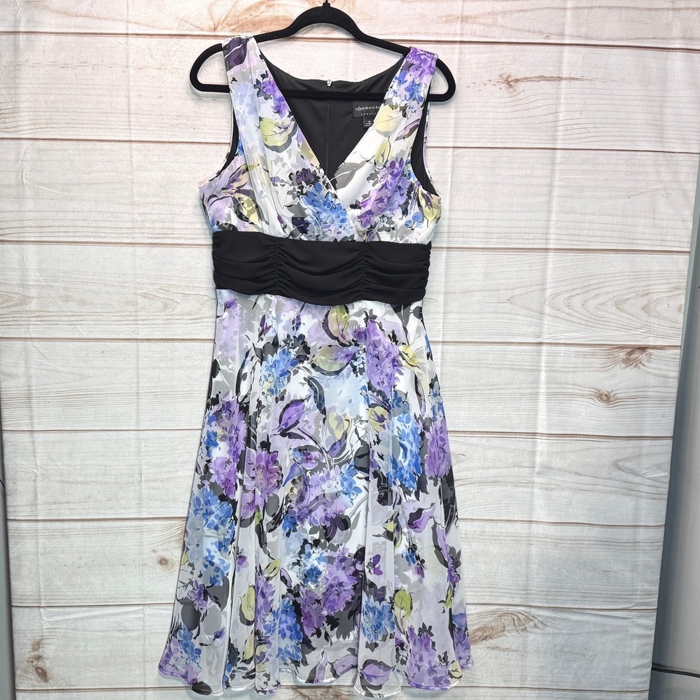 Connected Apparel Floral V-Neck Midi Dress Purple Blue Black Waistband Size 12